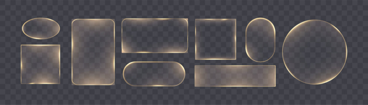 Collection of glowing light frames in various geometric shapes with soft orange illumination on transparent background. Ideal for digital UI elements, HUD design, or sci-fi interfaces.

