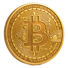 Gold Bitcoin Cryptocurrency Coin &ndash; Detailed 3D Render with Blockchain Circuit Design and Crypto Symbol Isolated on White Background for Digital Finance, Investment, and Blockchain Technology Concepts