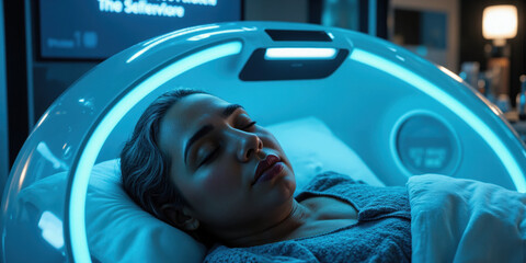 Longevity-Optimized Biohacking Sleep Pod - A 70-year-old Hispanic woman peacefully resting in an AI-regulated smart sleep pod, surrounded by soothing