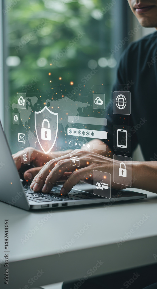 Poster secure login: protecting data with cybersecurity. safe online access & authentication, laptop securi