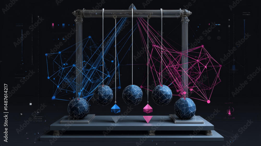 Poster newton's cradle form lines, triangles and particle style design. illustration vector