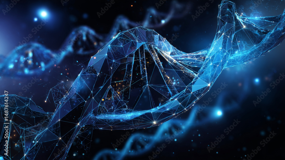 Aufkleber wireframe dna molecules structure mesh from a starry on blue background. science and technology conc