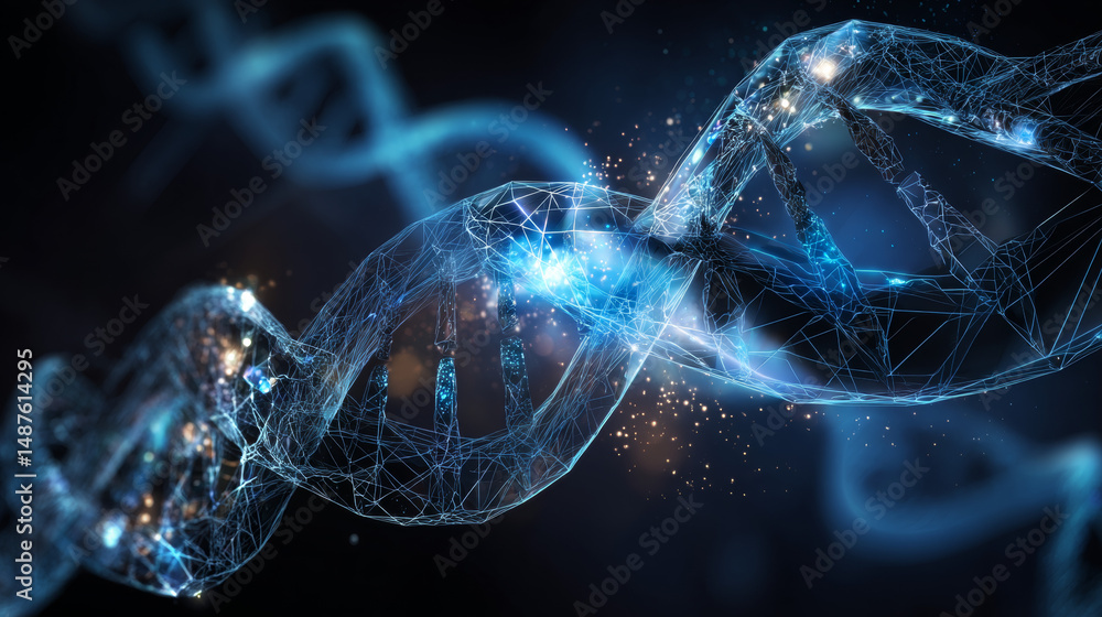 Poster wireframe dna molecules structure mesh from a starry on blue background. science and technology conc