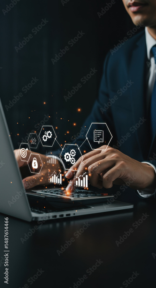 Poster business automation: businessman using laptop with strategy icons. efficiency, workflow, process, pr