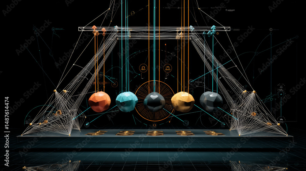 Aufkleber newton's cradle form lines, triangles and particle style design. illustration vector