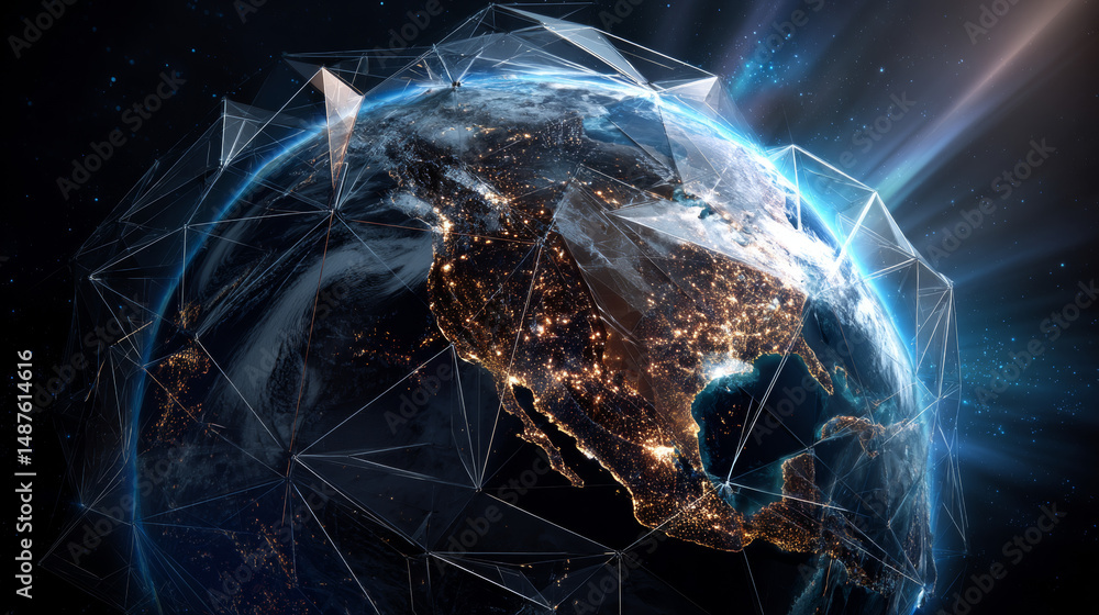 Poster earth view from space and satellite from lines, triangles and particle style design. illustration ve