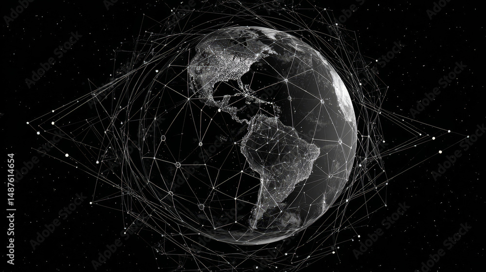 Aufkleber earth view from space and satellite from lines, triangles and particle style design. illustration ve