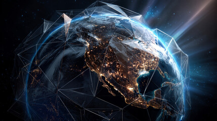 Earth view from space and satellite  from lines, triangles and particle style design. Illustration vector