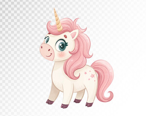 Cute watercolour Unicorn with Pink Mane Vector Illustration for Magical Fantasy Themes in Pastel Colors for Kids Nursery Decor