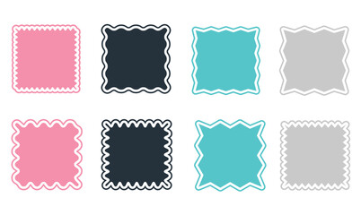 Set of vector squares, icons stickers squares with outline, colored on white. Simple vintage flat style labels, stickers. Design elements. Collection of different types of icons.