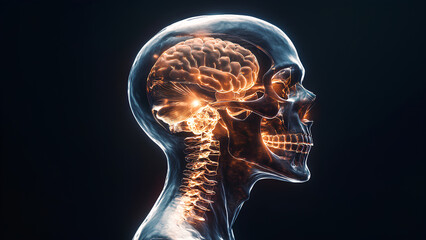 Transparent Skull 3D Render with Illuminated Brain Anatomy Visualization
