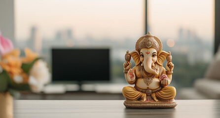 Statue of deity in meditative pose sits on desk with floral arrangement and computer against city backdrop in soft focus.