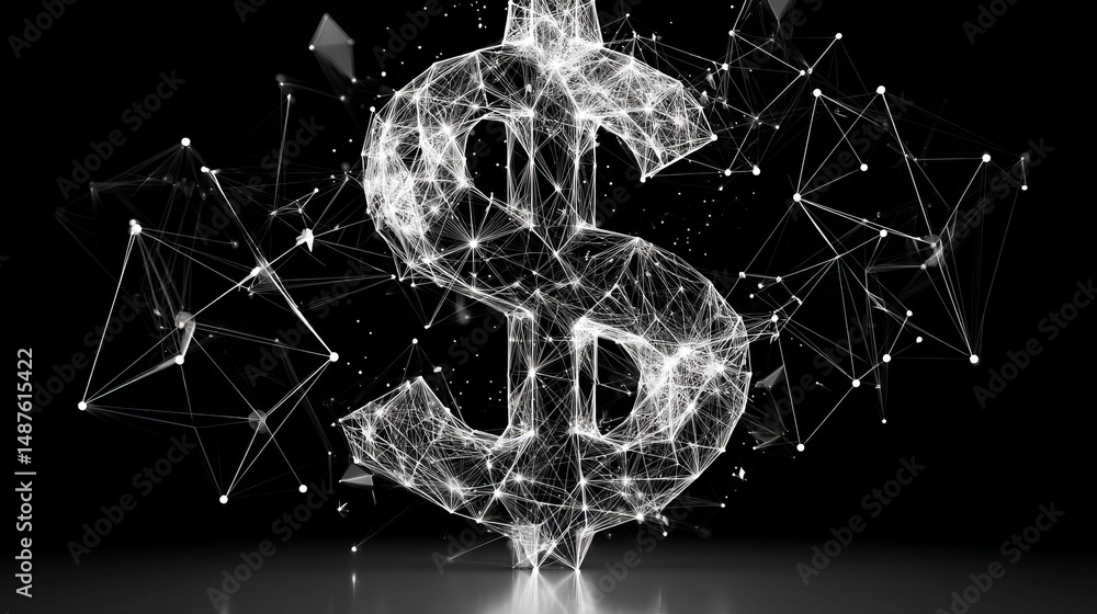 Poster dollar sign growing up from lines, triangles and particle style design. illustration vector