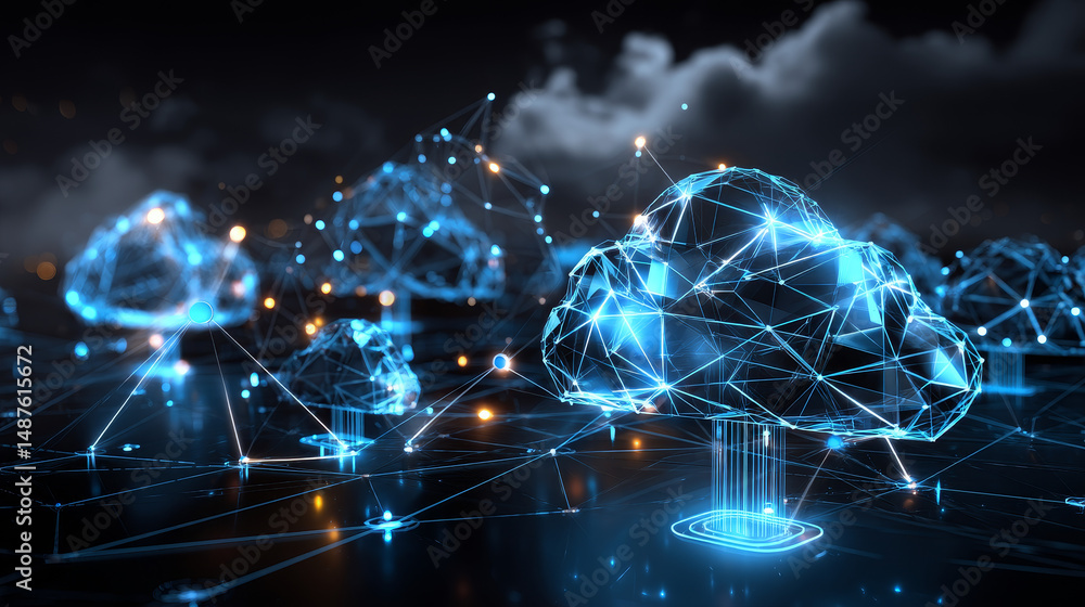 Poster cloud online storage technology concept. big data data information exchange available. magnifying gl