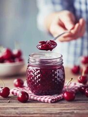 Making delicious cherry jam in glass jars. Kitchen, woman's hands, seasonal preparations.