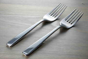 Two grey stainless steel forks arranged for dining and meal setup
