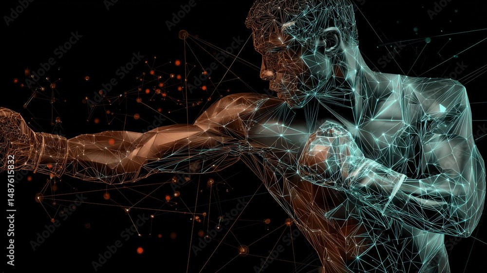 Poster man boxer doing shadow boxing from lines, triangles and particle style design. illustration vector