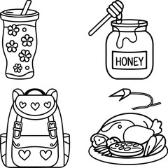 Set of cartoon food and drink icons in vector style with fruits breakfast and kitchen items