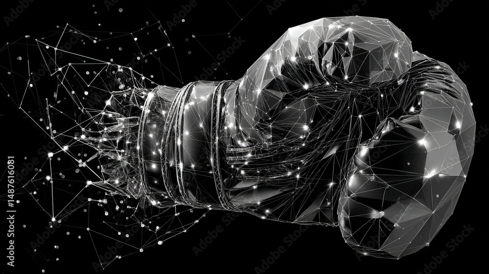 Poster punching boxing glove form lines, triangles and particle style design. illustration vector