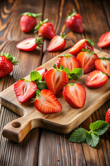 Sliced strawberry on brown wooden chopping board as fresh healthy fruit snack