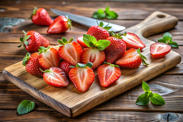 Sliced strawberry on brown wooden chopping board as fresh healthy fruit snack