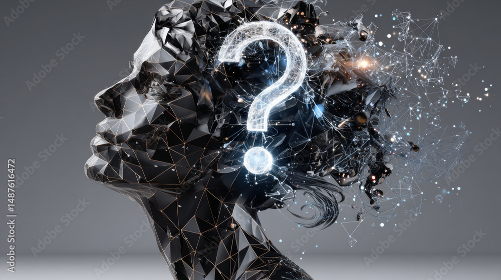 Poster human head with question mark form lines, triangles and particle style design. illustration vector