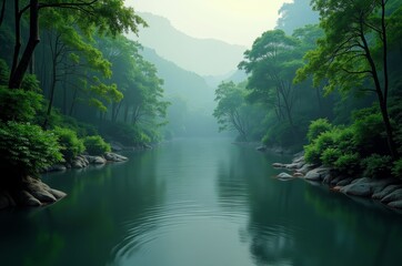 Obraz premium Beautiful serene river surrounded by lush green trees and mountains
