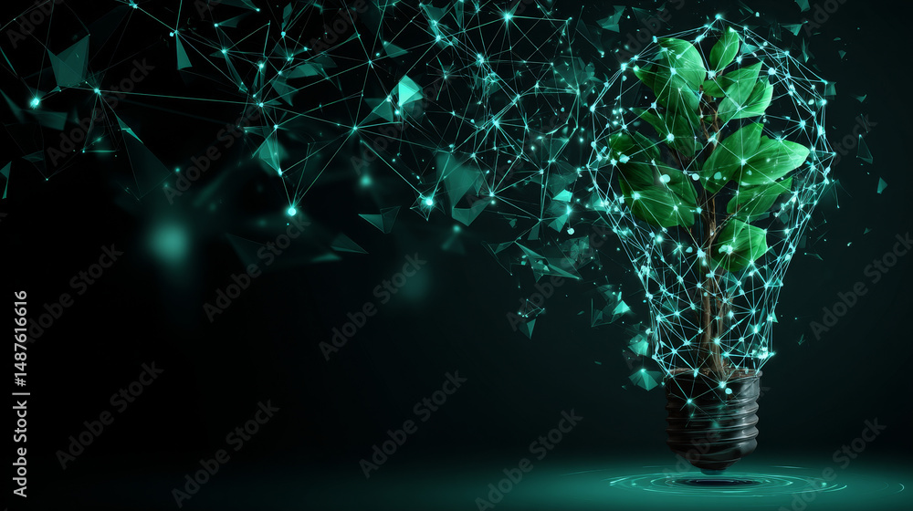 Poster light bulb with green plant form lines, triangles and particle style design. illustration vector