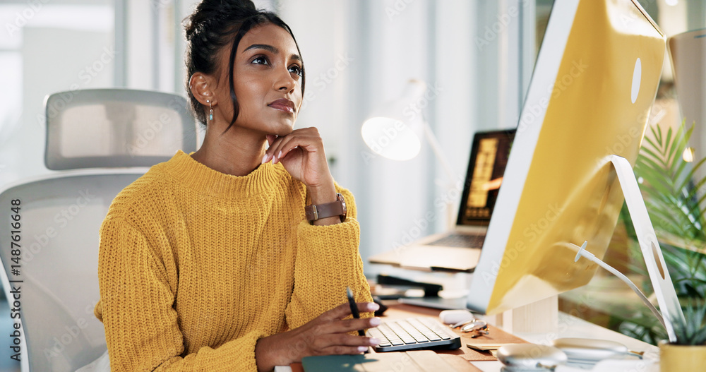 Poster thinking, computer and business woman in office for insight, inspiration or planning decision. start