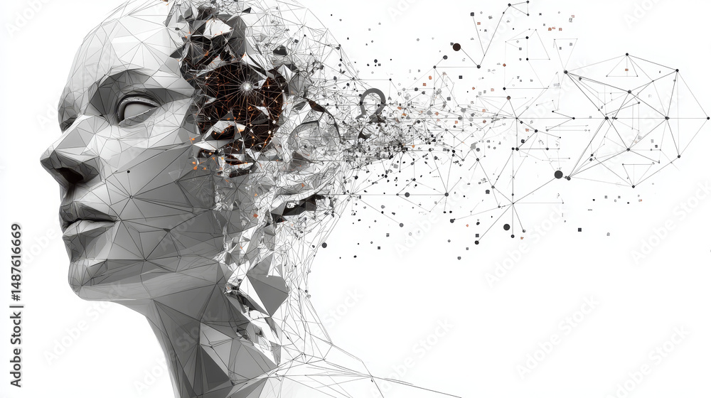 Poster human head and brain with artificial intelligence concept from lines, triangles and particle style d