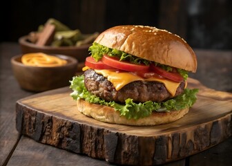 Juicy Cheeseburger with Lettuce, Tomato, Pickles, and Melted Cheese on Rustic Wooden Board