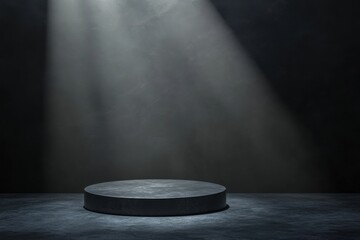 Black Concrete Display Platform in Dim Light with Shadowy Atmosphere / spotlight on stage