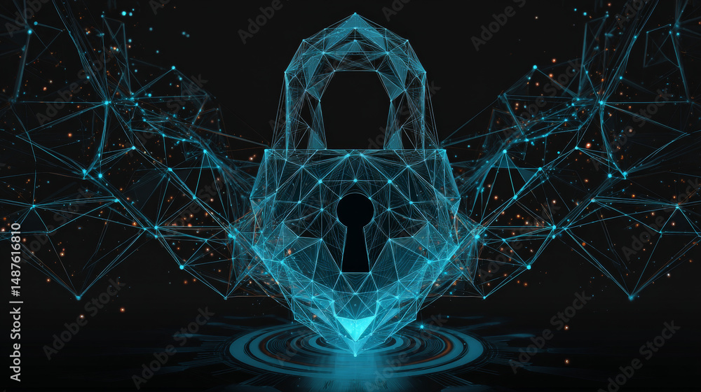 Poster lock icon form lines, triangles and particle style design. illustration vector