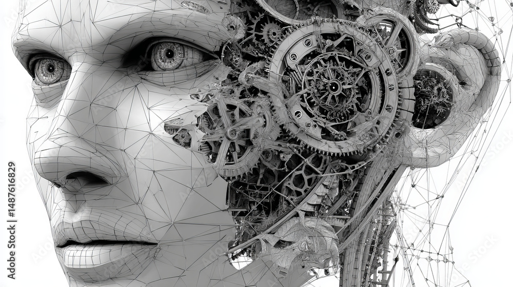 Poster human head with gears from lines, triangles and particle style design. illustration vector