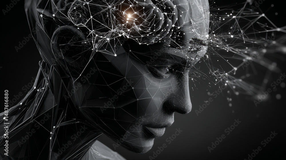Poster human head and brain with artificial intelligence concept from lines, triangles and particle style d