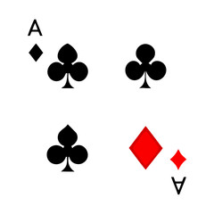 Playing Card Symbols. Isolated on white background, Card aces vector, diamonds, spades, hearts, clubs. aces of all four suits, Playing poker concept. Playing cards icon set, Gambling, Poker symbols. 
