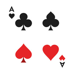 Playing Card Symbols. Isolated on white background, Card aces vector, diamonds, spades, hearts, clubs. aces of all four suits, Playing poker concept. Playing cards icon set, Gambling, Poker symbols. 

