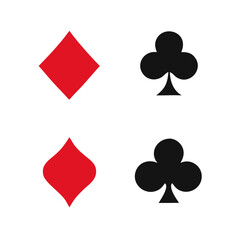 Playing Card Symbols. Isolated on white background, Card aces vector, diamonds, spades, hearts, clubs. aces of all four suits, Playing poker concept. Playing cards icon set, Gambling, Poker symbols. 

