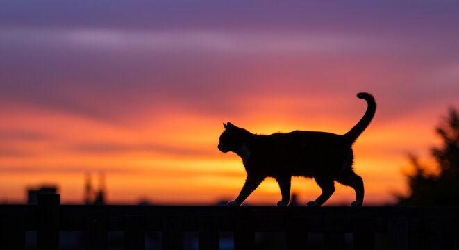 Silhouette of a cat walking at sunset.