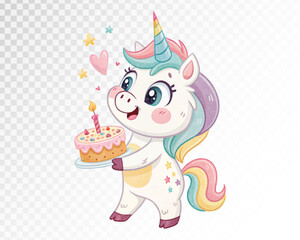 Cute watercolour Unicorn with Birthday Cake Vector Illustration for Celebration Themes in Pastel Colors for Kids Party Decor