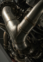 Close-up view of metal pipes and engine components