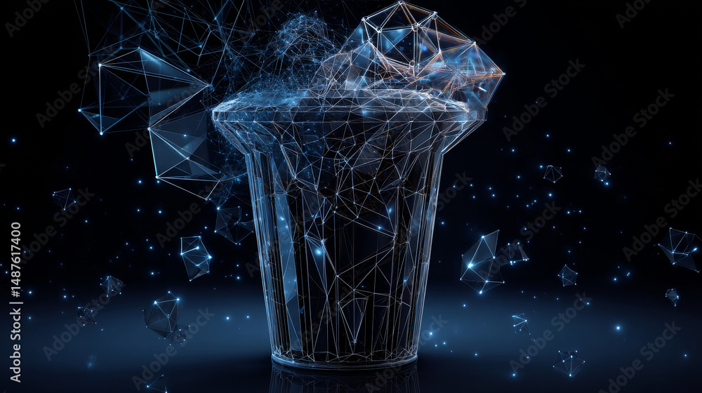 Poster trash bin form lines, triangles and particle style design. illustration vector