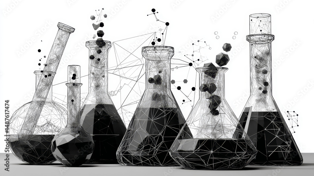 Poster laboratory flask form lines, triangles and particle style design. illustration vector