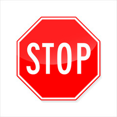 Stop octagon sign vector. Red stop sign with white text 'STOP' in the center, instructing vehicles to come to a complete stop.