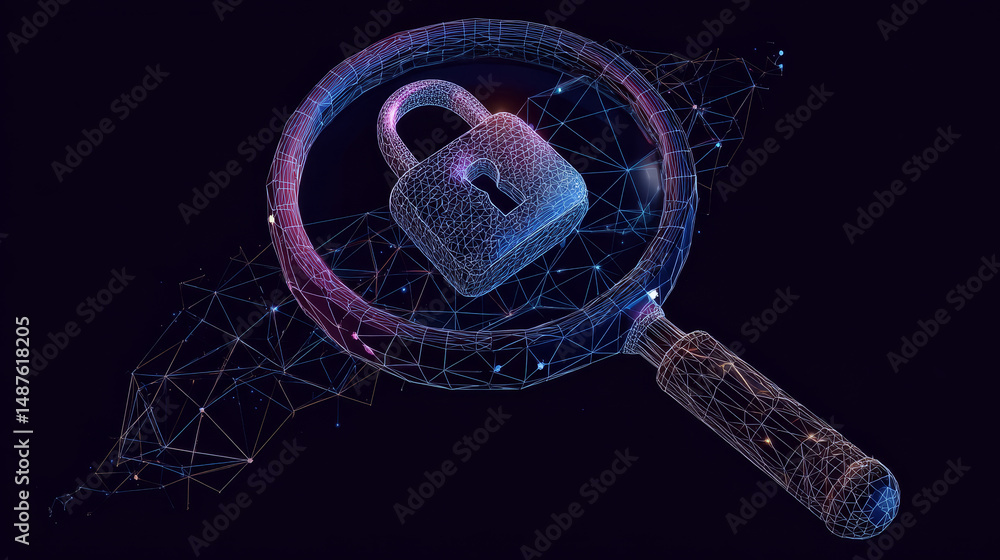 Poster a magnifying glass with opened padlock icon is made from lines, triangles, low polygons, and particl