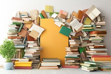 Overwhelmed Archive A Messy Room of Books - A chaotic pile of books, overflowing with knowledge and stories, symbolizes learning, organization, information overload