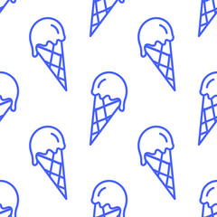 A fun blue seamless pattern with line art ice cream. Banner, wallpaper, wrapping paper, textile, notebook cover, packaging template.