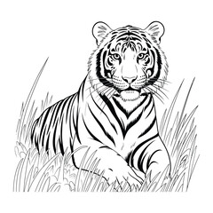 Fototapeta premium Realistic tiger in safari grass Coloring Page, Silhouette, Vector, Illustration, Icon, Logo, White Background.