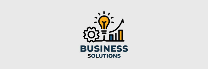 Vector icon with "Business Solutions" featuring a lightbulb, gear, and chart in a connected design – Great for business concepts, corporate themes, or innovation strategies.