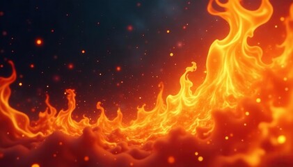 Fiery orange and yellow flames dancing upward , hot, intensity